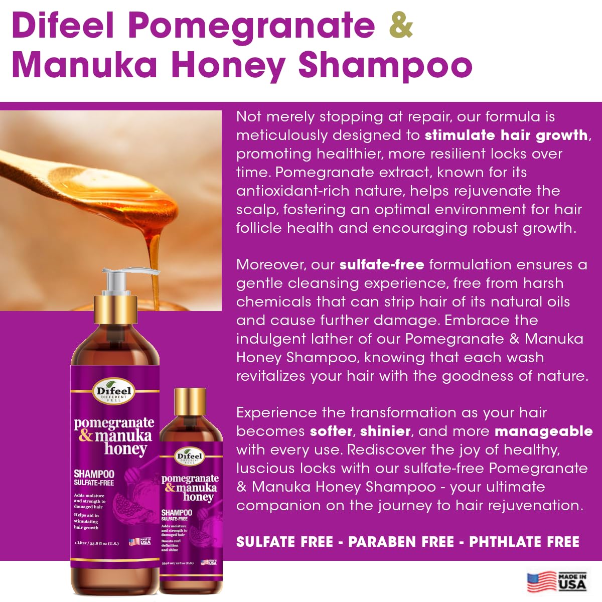 Difeel Pomegranate & Manuka Honey Sulfate-Free Shampoo 12 oz. - available online | CC Hair & Beauty UK