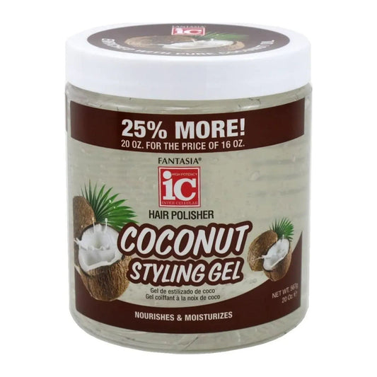 IC Fantasia Coconut Styling Gel 20oz tub for flexible hold on afro and natural hair