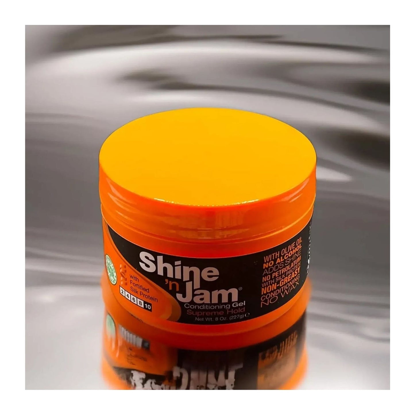 Shine N Jam Supreme Hold Conditioning Gel with honey extract and silk protein in an 8oz jar