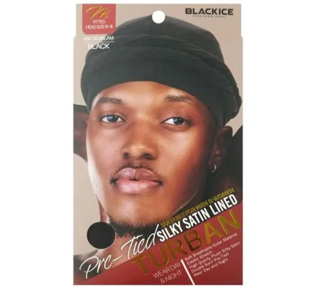 Black Ice Pre-Tied Silky Satin Lined M/L Black Turban #BIC303BLAM | Shop at CC Hair & Beauty UK