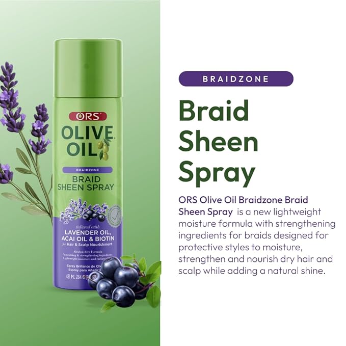ORS Olive Oil Braid Sheen Spray with Lavender, Acai & Biotin for Hair & Scalp Nourishment 10oz | CC Hair & Beauty UK