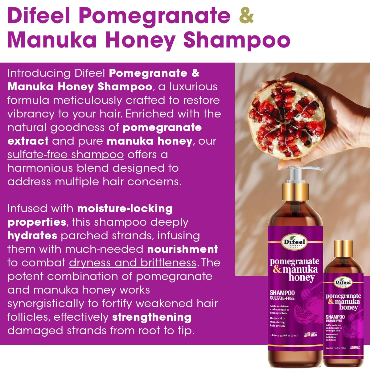 Difeel Pomegranate & Manuka Honey Sulfate-Free Shampoo 12 oz. - available online | CC Hair & Beauty UK