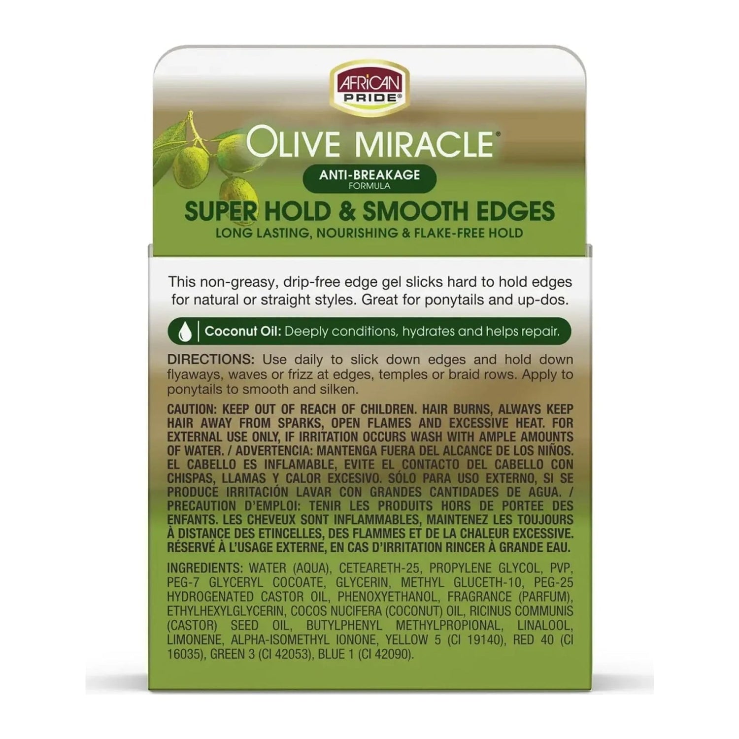 African Pride Olive Miracle Silky Smooth Edges gel in 2.25oz jar