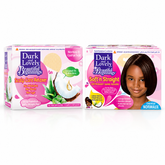 Two Dark and Lovely Beautiful Beginnings Normal relaxer packaging designs side by side on a white background.