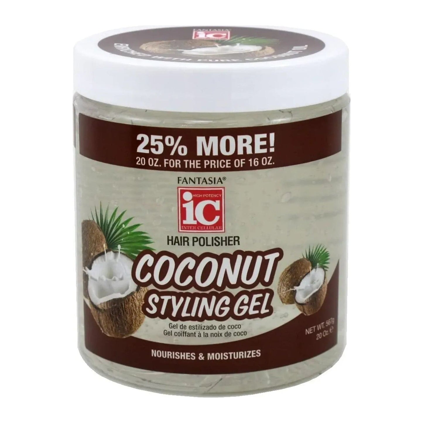 IC Fantasia Coconut Styling Gel 20oz tub for flexible hold on afro and natural hair