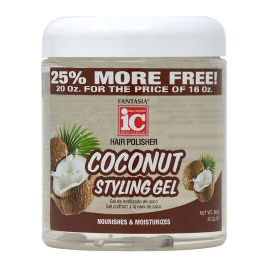 IC Fantasia Coconut Styling Gel 20oz tub for flexible hold on afro and natural hair