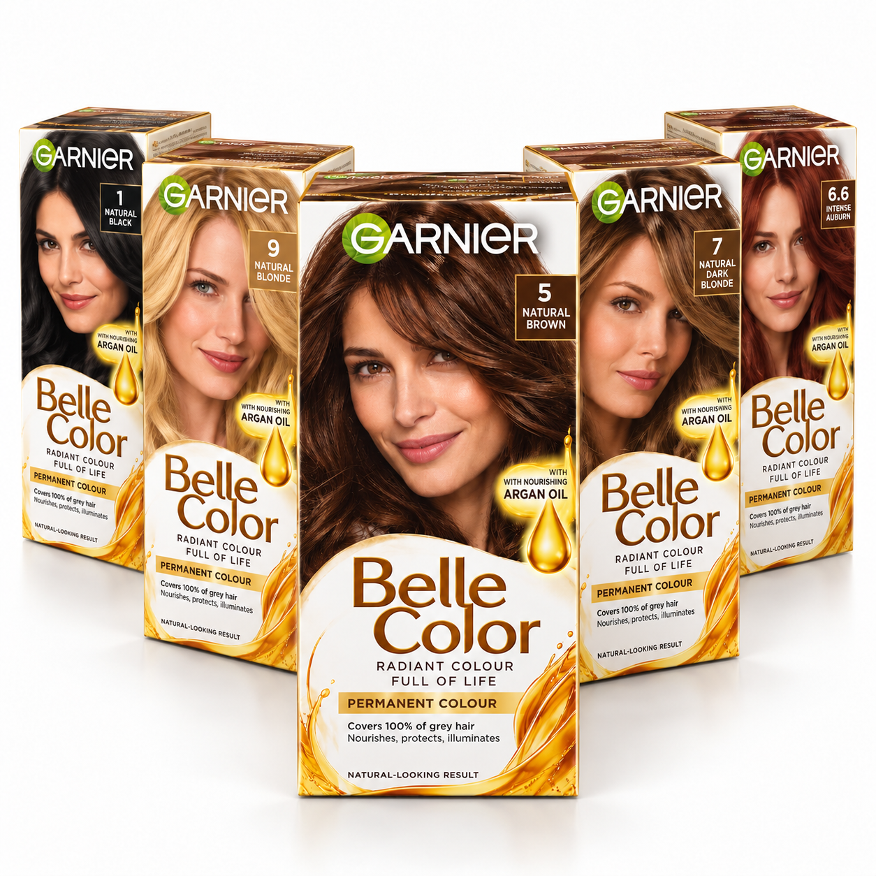 Garnier Belle Color Permanent Hair Dyes arranged in a V-shaped shade display.