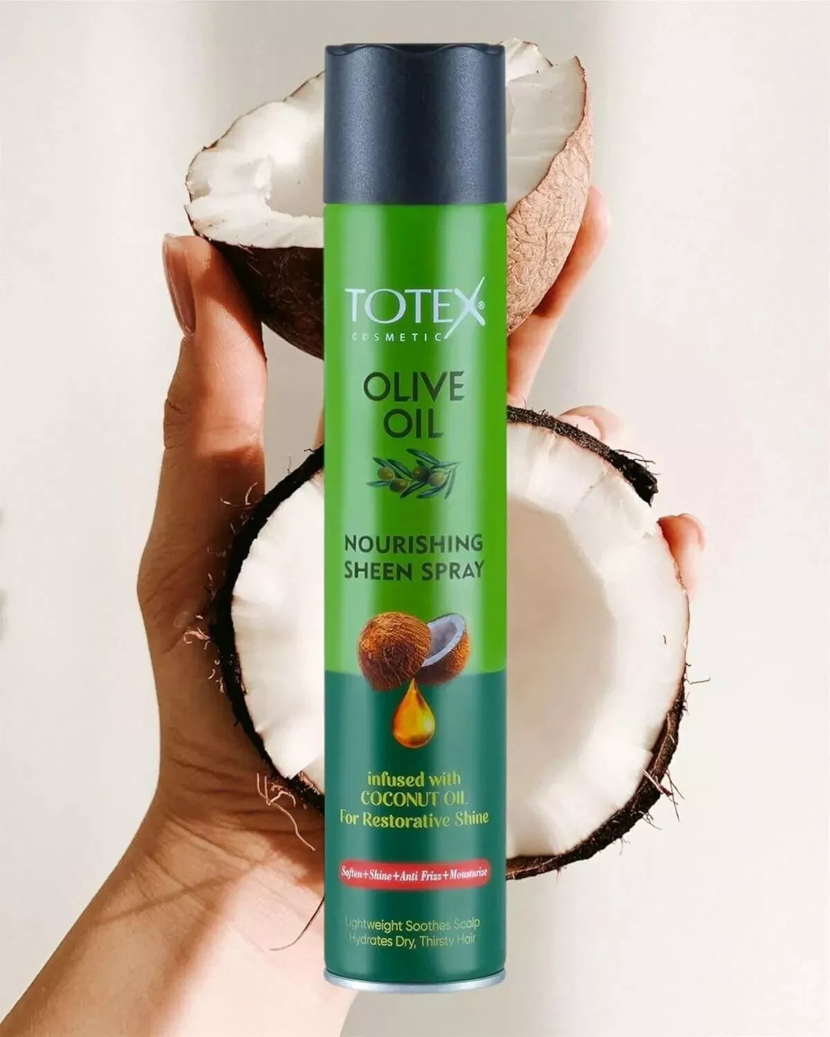 Totex Olive Oil Sheen Spray Infused With Coconut Oil Restorative Shine 400ml - available online | CC Hair & Beauty UK