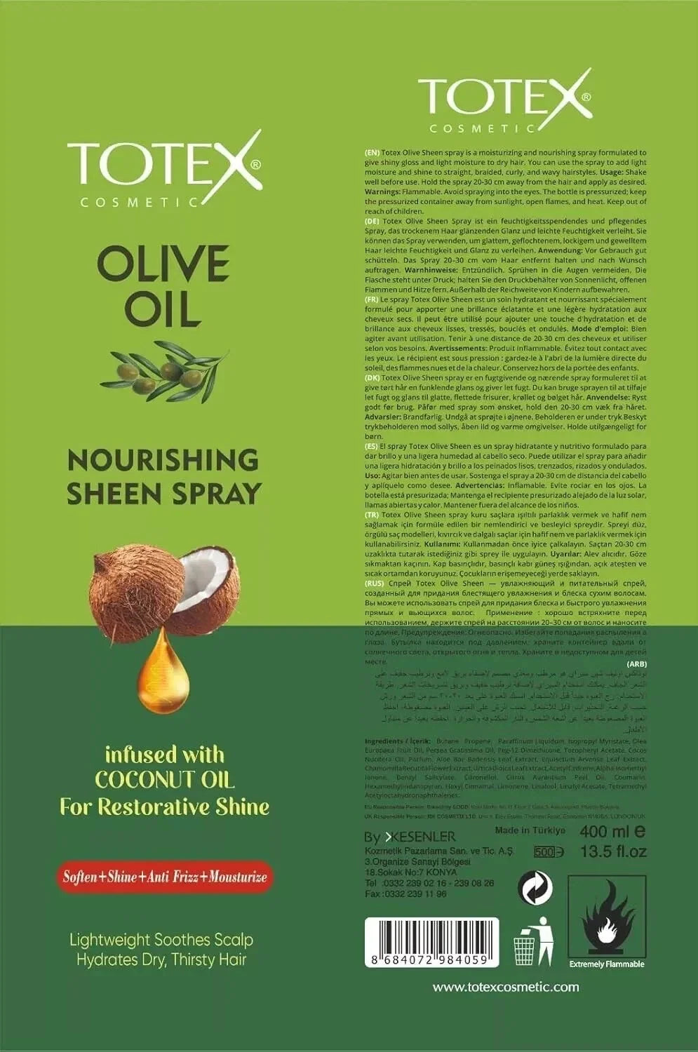Totex Olive Oil Sheen Spray Infused With Coconut Oil Restorative Shine 400ml - available online | CC Hair & Beauty UK