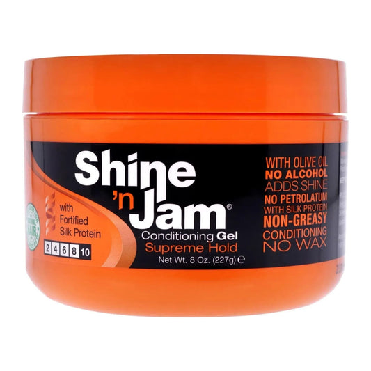 Shine N Jam Supreme Hold Conditioning Gel with honey extract and silk protein in an 8oz jar