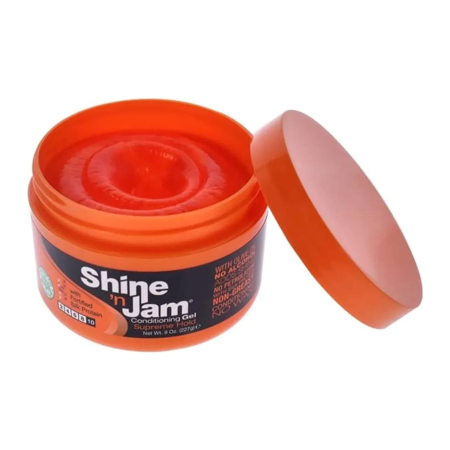 Shine N Jam Supreme Hold Conditioning Gel with honey extract and silk protein in an 8oz jar