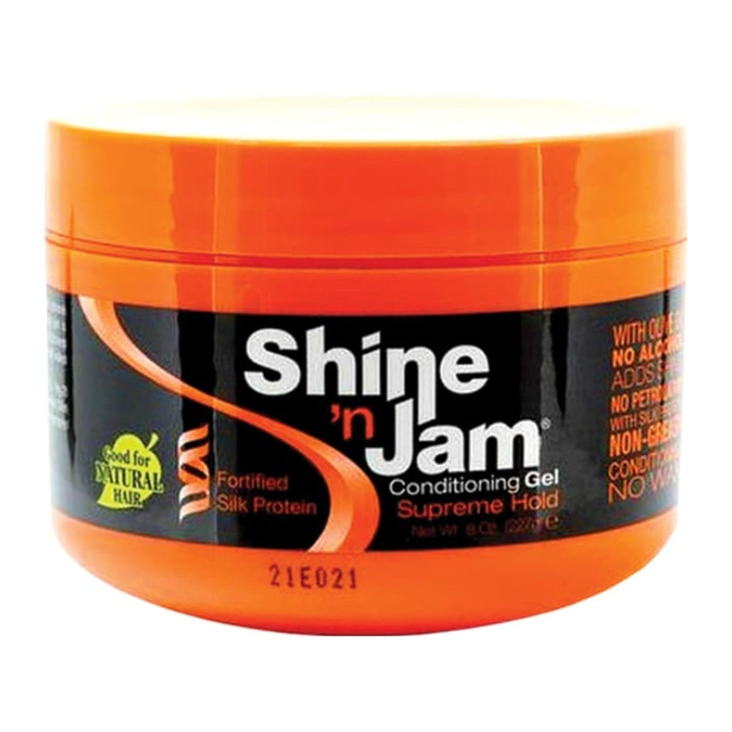 Shine N Jam Supreme Hold Conditioning Gel with honey extract and silk protein in an 8oz jar