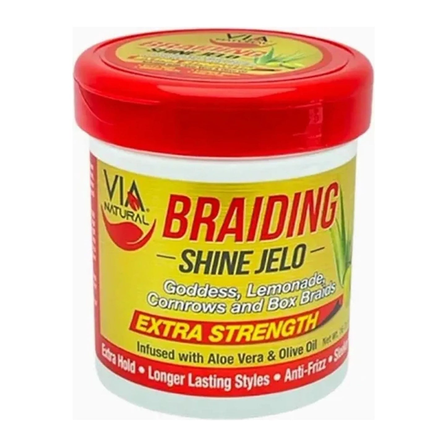 Via Natural Braiding Shine Jelo Extra Strength braiding gel in 16oz tub for sleek cornrows and box braids